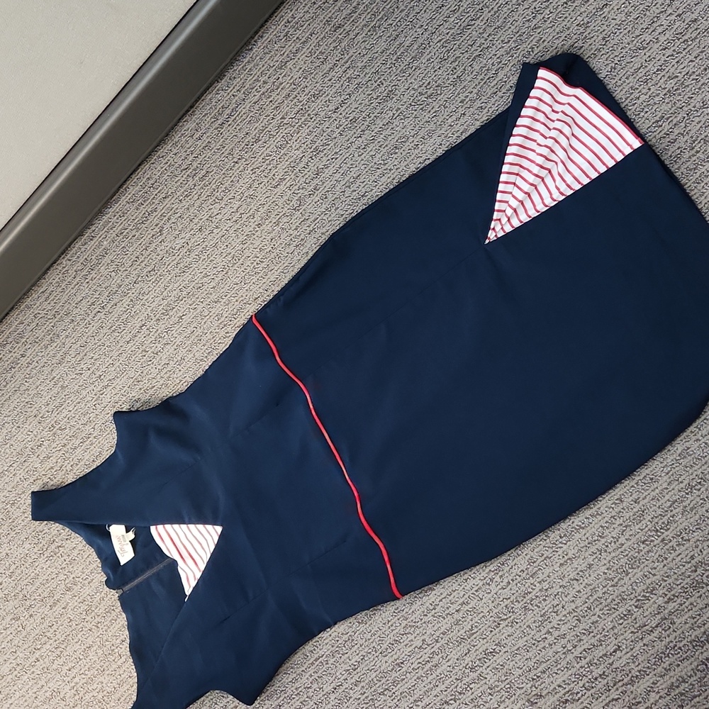 Navy and Red Striped V-Neck Pencil Dress - Picture 9 of 15